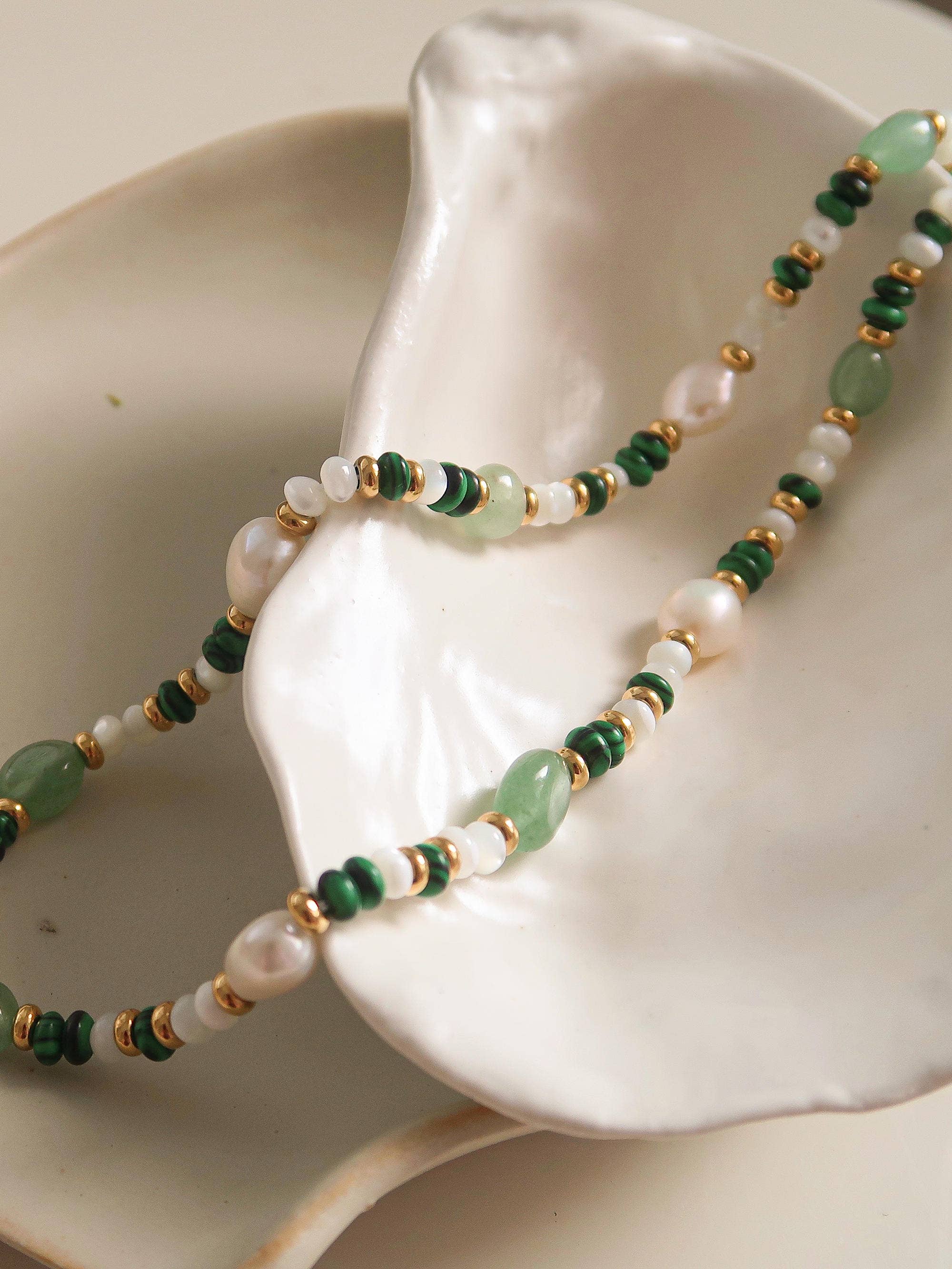 18K Non Tarnish Bohemian Rose Pearl and Bead Necklace