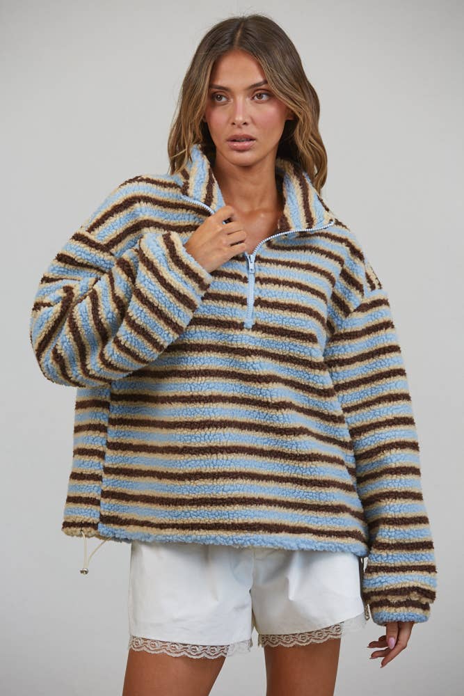 T3535 Relaxed Sherpa Striped Half Zip Pullover