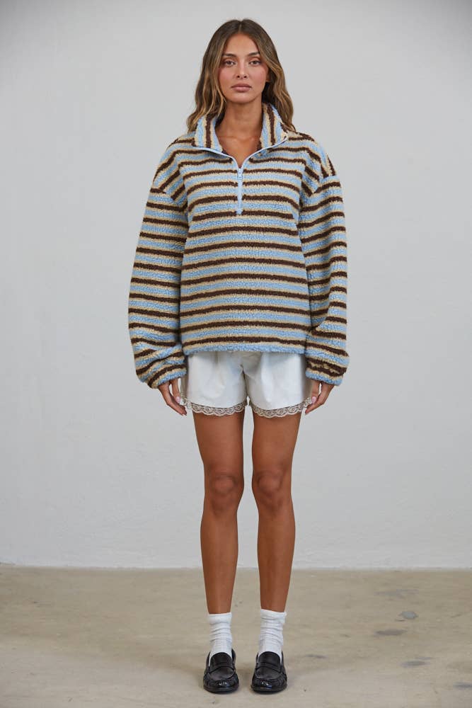 T3535 Relaxed Sherpa Striped Half Zip Pullover