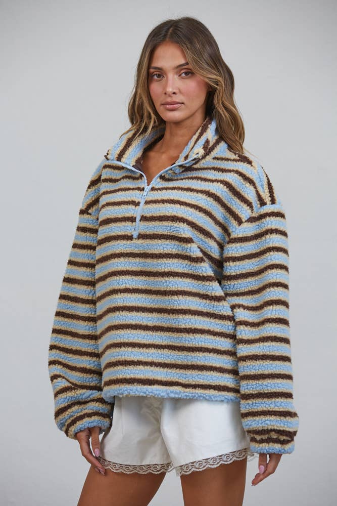 T3535 Relaxed Sherpa Striped Half Zip Pullover