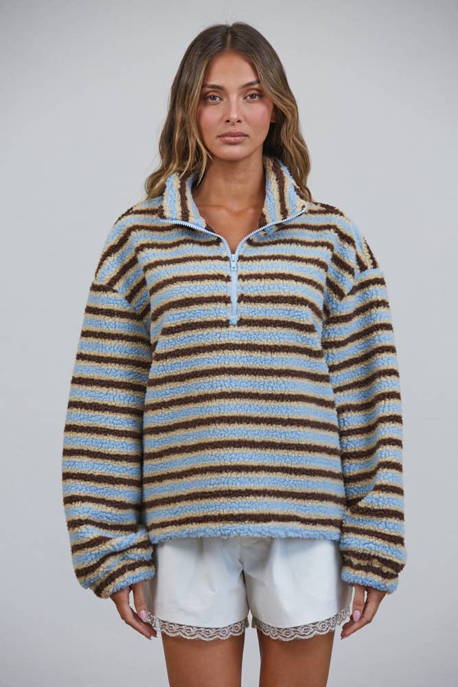 T3535 Relaxed Sherpa Striped Half Zip Pullover
