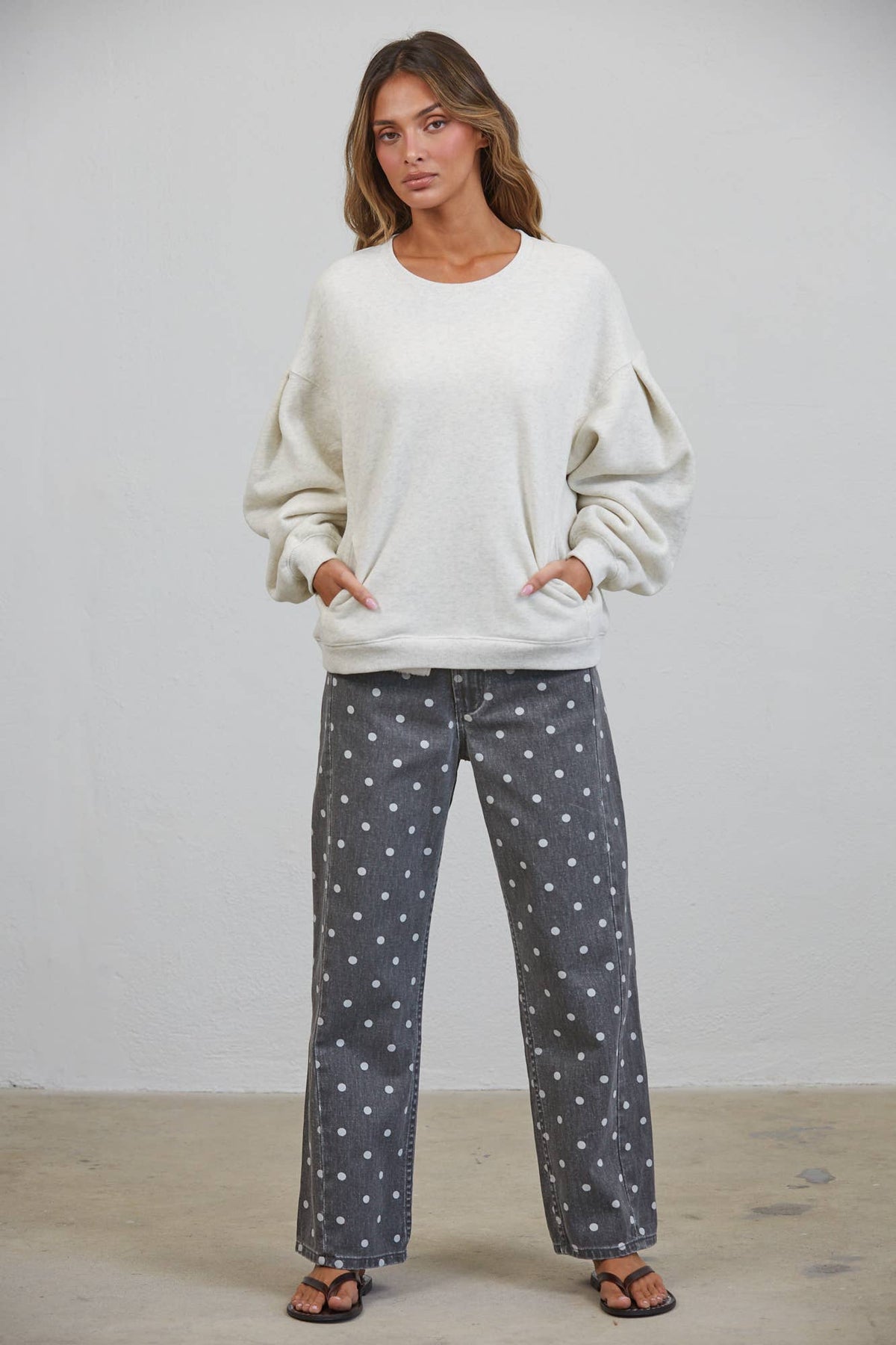 Polka Dot Relaxed Mid Rise Denim Pants