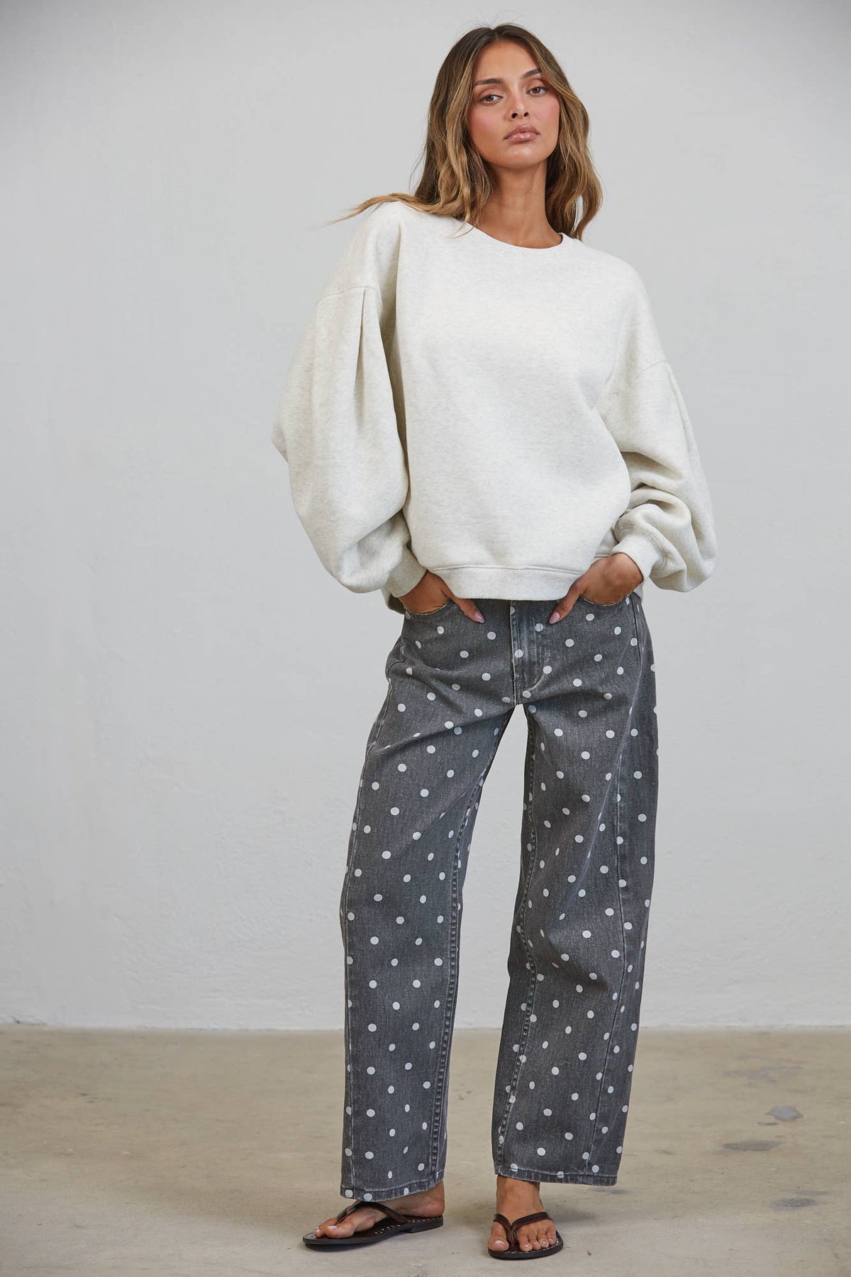 Polka Dot Relaxed Mid Rise Denim Pants