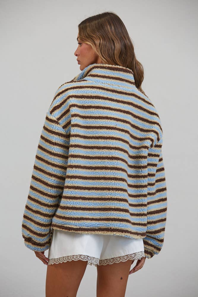 T3535 Relaxed Sherpa Striped Half Zip Pullover